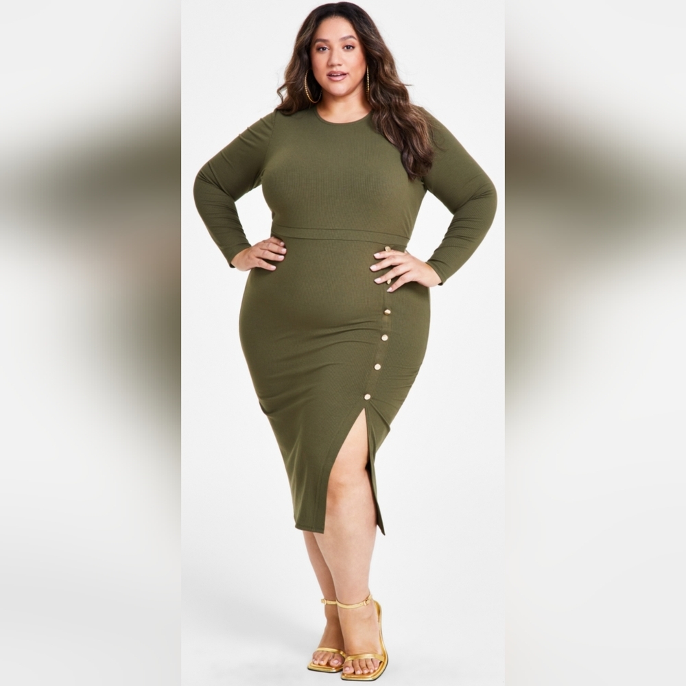 Nin Parker Olive Green Button-Detail Midi Dress, Size 2X